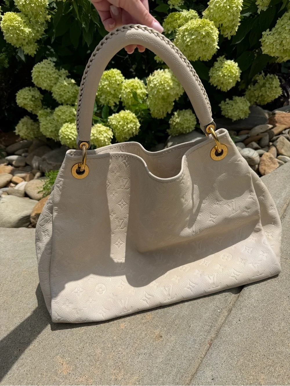 Authentic Louis Vuitton Cream Embossed Leather Hobo with Gold Hardware - Cream